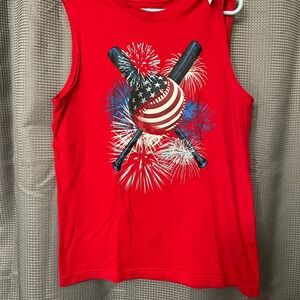 Patriotic Red Kids Tank Top with Fireworks and Baseball Design